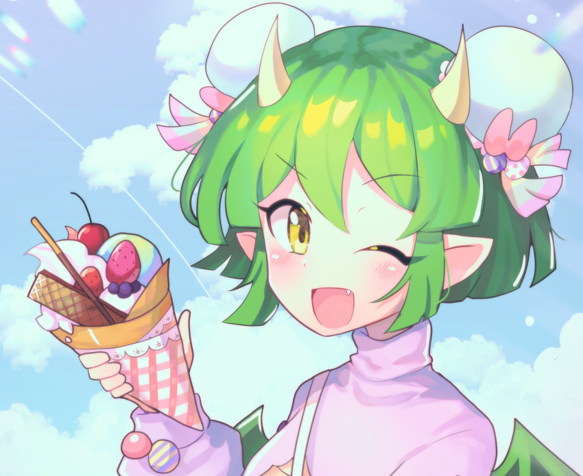 1girl blush day draco_centauros dragon_girl dragon_horns eyebrows_visible_through_hair fang green_hair highres horns long_sleeves looking_at_viewer open_mouth outdoors pointy_ears puyopuyo s2offbeat short_hair smile solo yellow_eyes