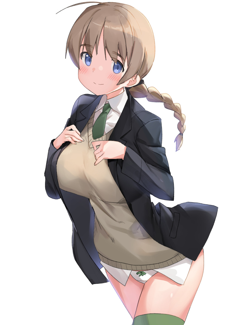 1girl absurdres blue_eyes bow braid breasts brown_hair highres large_breasts long_hair looking_at_viewer lynette_bishop mejina multicolored_clothes multicolored_legwear panties shiny shiny_hair simple_background single_braid solo standing strike_witches striped striped_legwear sweater_vest underwear white_background white_panties world_witches_series