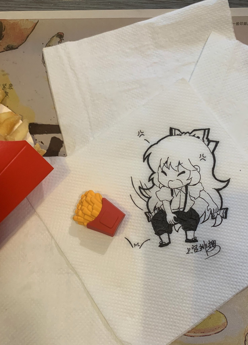 1girl anger_vein angry bangs bow closed_eyes collared_shirt commentary eyebrows_visible_through_hair fingernails food french_fries fujiwara_no_mokou full_body hair_bow highres jokanhiyou long_hair mcdonald's motion_lines napkin no_nose open_mouth pants photo_(medium) puffy_short_sleeves puffy_sleeves shirt shoes short_sleeves signature sketch solo standing suspenders symbol-only_commentary tantrum touhou traditional_media unconventional_media