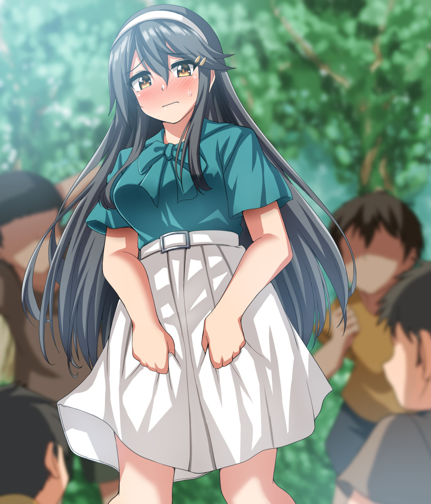 1girl 4boys absurdres age_difference black_hair blurry blurry_background blush brown_eyes commentary_request commission depth_of_field dress green_shirt hair_ornament hairband hairclip haruna_(kancolle) highres kantai_collection long_hair multiple_boys nose_blush official_alternate_costume pleated_dress shirt skirt skirt_hold standing upper_body white_hairband white_skirt zanntetu