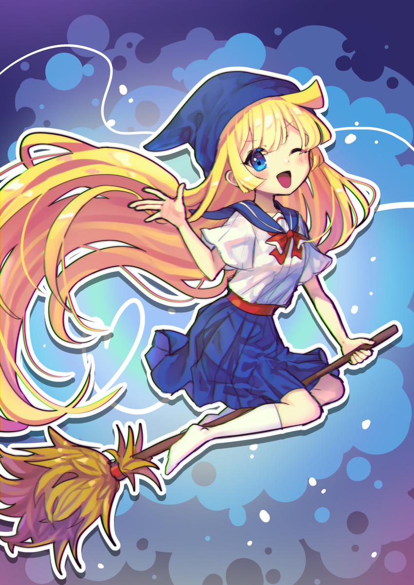 1girl absurdres blonde_hair blue_eyes blue_skirt blush broom broom_riding eyebrows_visible_through_hair highres long_hair looking_at_viewer one_eye_closed open_mouth puyopuyo s2offbeat short_sleeves skirt smile solo very_long_hair witch_(puyopuyo)
