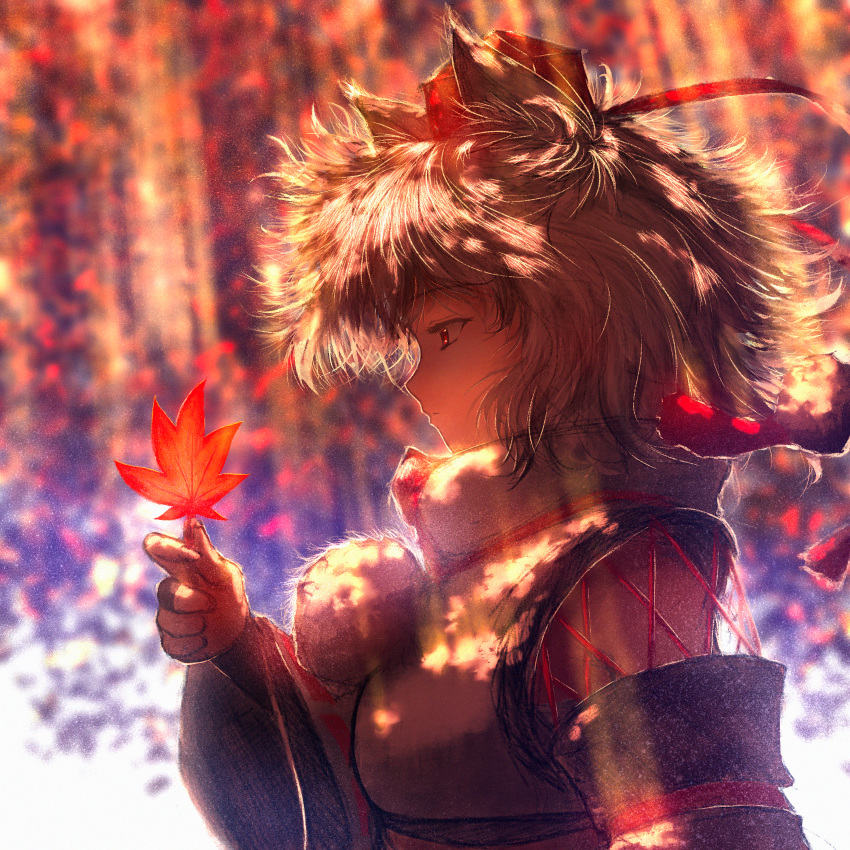 1girl absurdres animal_ears autumn_leaves bangs closed_eyes commentary dappled_sunlight detached_sleeves expressionless fingernails from_side grey_hair half-closed_eyes hand_up hat highres holding holding_leaf inubashiri_momiji leaf light_rays long_fingernails maple_leaf oubachiago pom_pom_(clothes) procreate_(medium) profile red_eyes red_headwear ribbon-trimmed_sleeves ribbon_trim shade shirt short_hair sleeveless sleeveless_shirt solo sunlight tassel tokin_hat touhou turtleneck white_hair white_shirt wide_sleeves wolf_ears