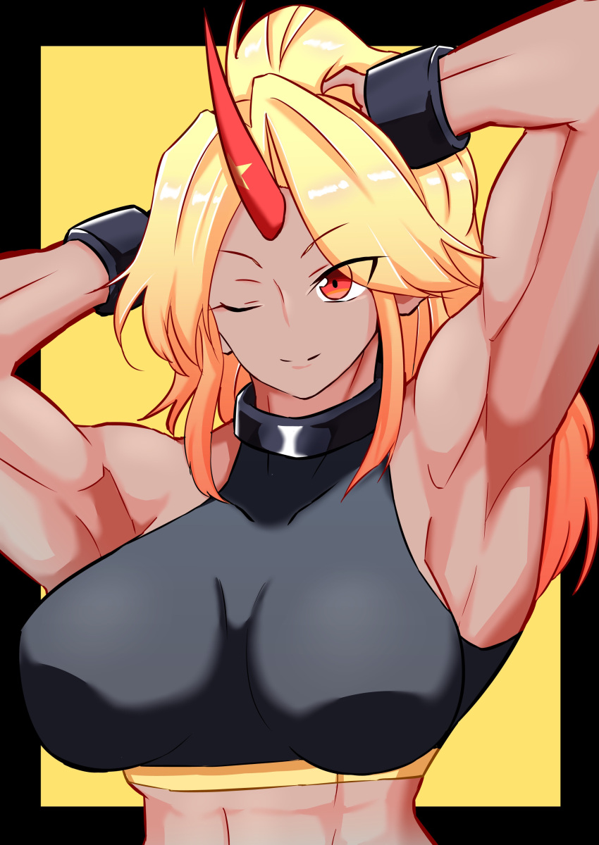 1girl abs absurdres alternate_skin_color armpits bangs black_background black_sports_bra blonde_hair breasts closed_mouth commentary_request cuffs eyebrows_visible_through_hair fugaku_(miko_no_miyatsuguchi) hands_in_hair highres horns hoshiguma_yuugi large_breasts long_hair looking_at_viewer muscular muscular_female one_eye_closed red_eyes red_horns single_horn smile solo sports_bra star_(symbol) tan touhou two-tone_background upper_body yellow_background