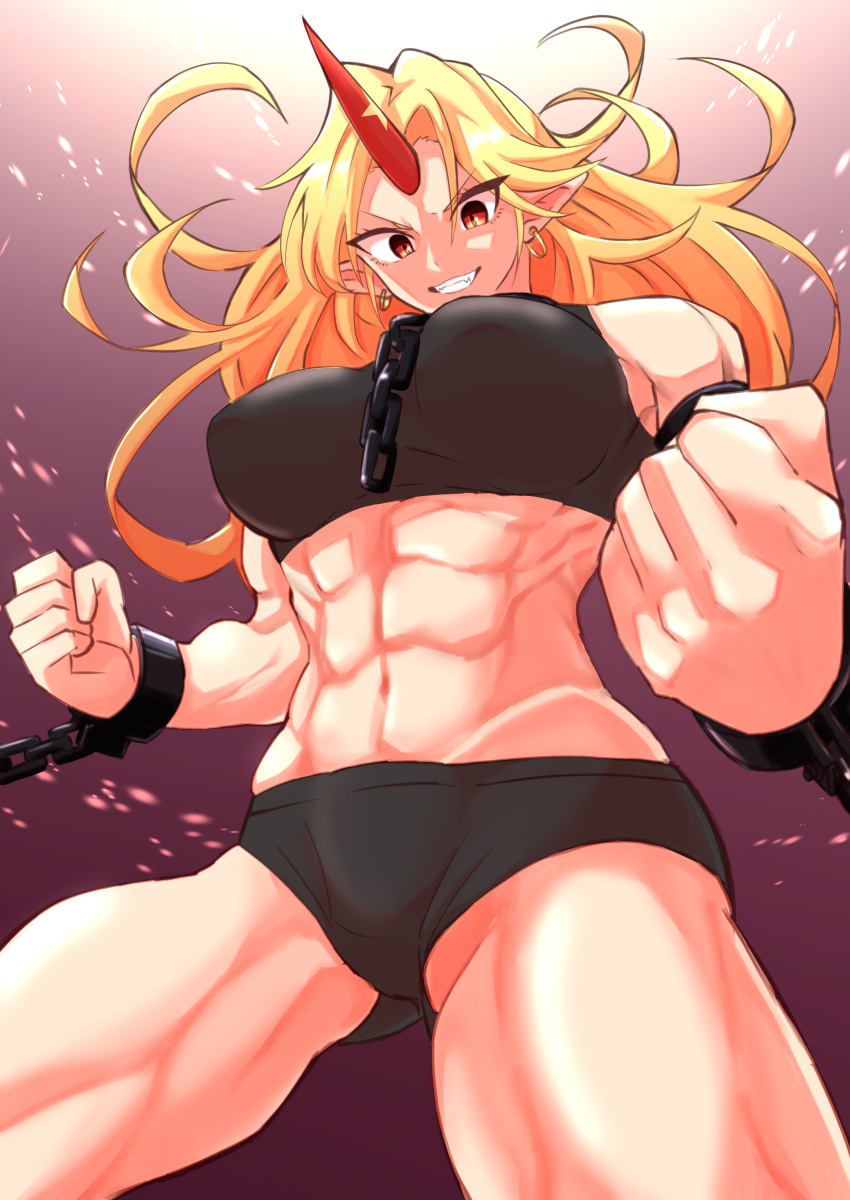 1girl abs absurdres alternate_costume bangs bike_shorts black_shorts black_sports_bra blonde_hair breasts chain clenched_hand commentary_request cowboy_shot cuffs earrings fugaku_(miko_no_miyatsuguchi) grin highres horns hoshiguma_yuugi jewelry large_breasts long_hair looking_at_viewer looking_down muscular muscular_female navel pointy_ears red_eyes shorts single_horn smile solo sports_bra touhou