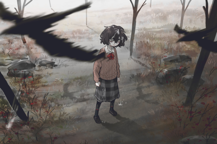 1girl absurdres angry bird blind_girl_(popopoka) bow bowtie brown_hair clenched_hands english_commentary forest freckles frown grey_eyes grey_skirt highres kneehighs long_sleeves medium_hair medium_skirt nature original outdoors pale_skin plaid plaid_skirt poop popopoka red_neckwear shoes skirt sweater tree