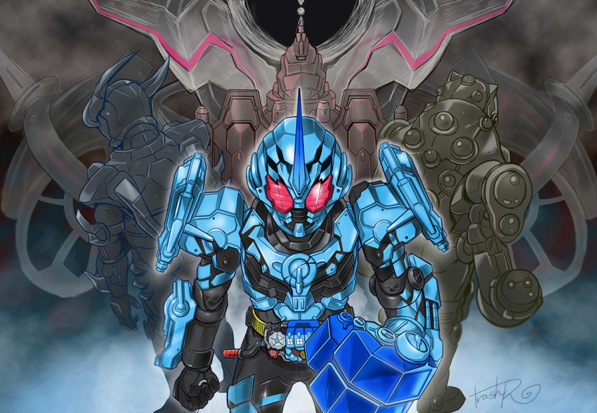 1boy 5boys armor artist_name belt black_bodysuit bodysuit build_driver castle_hazard_smash commentary_request facing_away grease_blizzard helmet huujyu kamen_rider kamen_rider_build_(series) kamen_rider_evol kamen_rider_grease looking_at_viewer male_focus monster monster_boy multiple_boys owl_hazard_smash power_armor red_eyes rider_belt sample science_fiction shiny shiny_clothes signature simple_background solo spoilers spread_legs stag_hazard_smash standing tokusatsu translation_request utility_belt watermark