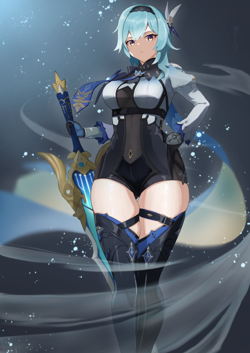 1girl absurdres bangs black_gloves black_hairband black_legwear black_leotard blue_hair blue_necktie breasts closed_mouth commentary_request crop_top eula_(genshin_impact) genshin_impact gloves hair_ornament hairband highres holding holding_sword holding_weapon leotard long_sleeves looking_at_viewer medium_breasts medium_hair necktie pirumu shirt skindentation solo standing sword thigh-highs thigh_gap thighs weapon white_shirt wide_sleeves yellow_eyes