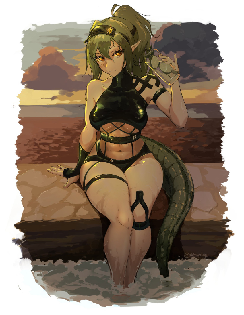 1girl arknights arm_strap bangs bare_shoulders bikini black_bikini black_gloves breasts commentary crocodilian_tail cup drinking_glass english_commentary fingerless_gloves food fruit gavial_(arknights) gloves green_hair hair_between_eyes hand_up highres holding holding_cup lime_(fruit) lime_slice long_hair looking_at_viewer medium_breasts navel outdoors pinky_out pointy_ears ponytail single_glove sitting smile soaking_feet solo stomach swimsuit tail the_slayer_of_vishaps thigh_strap thighs visor_cap yellow_eyes