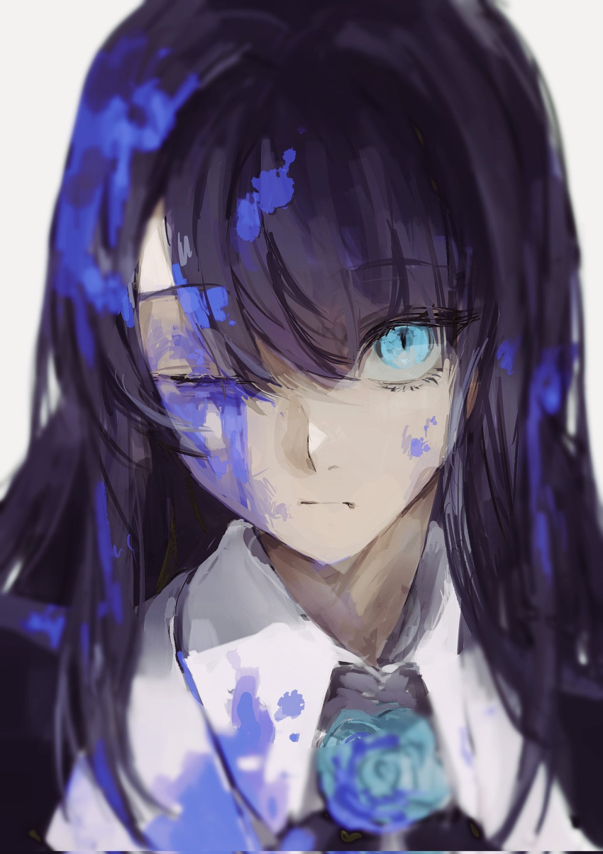 1girl ado_(singer) bangs black_hair blue_eyes blue_flower blue_hair blue_rose close-up collared_shirt eyebrows_visible_through_hair flower highres long_hair neck_flower one_eye_closed paint_in_hair paint_on_clothes paint_splatter paint_splatter_on_face portrait real_life rose shirt simple_background solo tomatomato60 white_background
