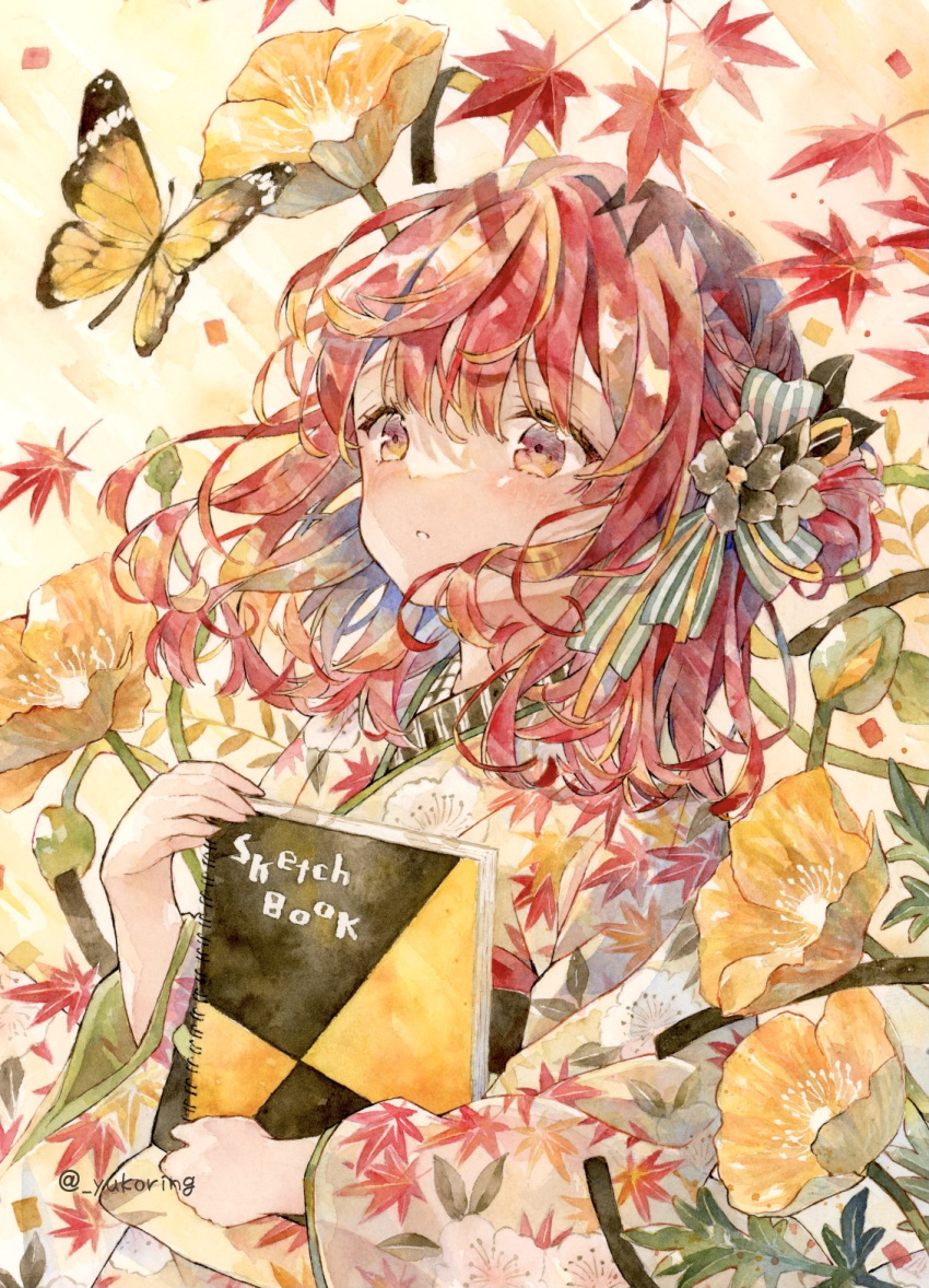 1girl autumn_leaves bangs bow brown_eyes bug butterfly commentary_request eyebrows_visible_through_hair flower hair_between_eyes hair_bow hair_flower hair_ornament highres holding japanese_clothes kimono leaf light_blush looking_up making-of_available maple_leaf medium_hair momiji_(hanamaru) painting_(medium) parted_lips redhead sketchbook solo standing striped striped_bow sunlight traditional_media twitter_username upper_body watercolor_(medium) yukoring
