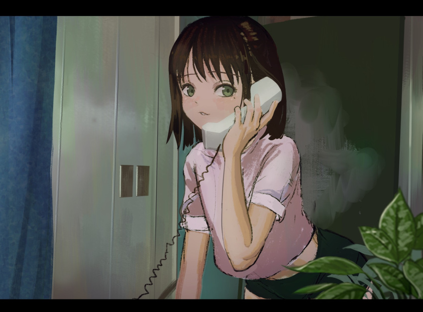 1girl bangs bob_cut brown_hair corded_phone green_eyes highres holding kgt_(pixiv12957613) mole mole_under_eye original parted_lips phone pink_shirt scenery shirt short_hair smile solo talking_on_phone