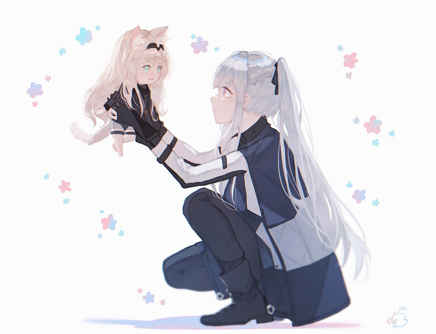 2girls ak-12_(girls'_frontline) an-94_(girls'_frontline) animal_ears ankodesoy black_gloves blue_eyes cat_ears cat_tail chibi full_body girls_frontline gloves hair_ornament hairband holding long_hair long_sleeves looking_at_another multiple_girls platinum_blonde_hair ponytail silver_hair squatting tail