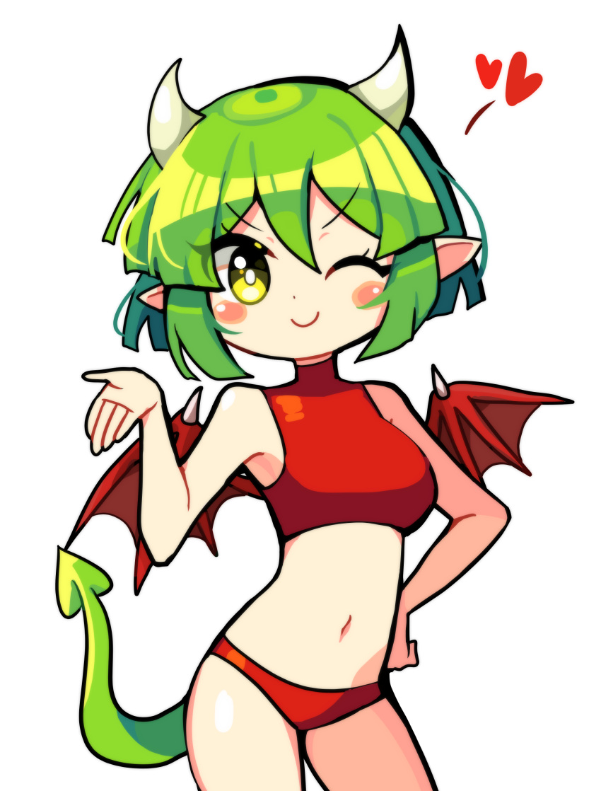 1girl absurdres bikini blush breasts closed_mouth draco_centauros dragon_girl dragon_horns dragon_tail dragon_wings eyebrows_visible_through_hair green_hair heart highres horns large_breasts looking_at_viewer navel one_eye_closed pointy_ears puyopuyo red_bikini s2offbeat short_hair smile solo swimsuit tail wings yellow_eyes