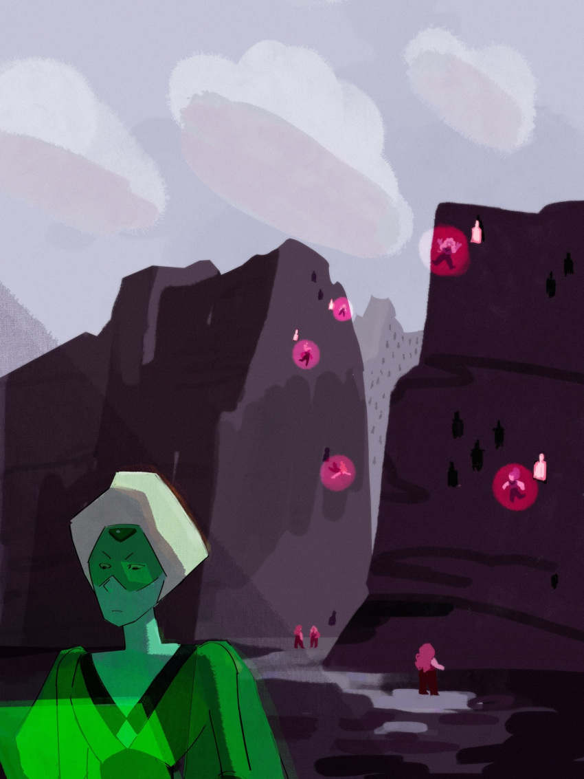 6+girls bubble commentary english_commentary gem_(steven_universe) gem_kindergarten highres hologram homeworld_gem_uniform in-universe_location landscape multiple_girls original outdoors peridot_(thefaeriemerchant) science_fiction steven_universe thefaeriemerchant upper_body
