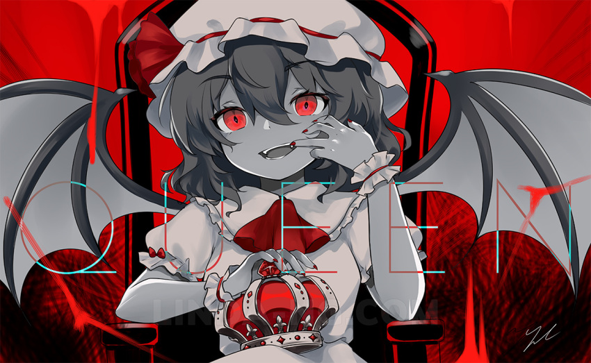 1girl ascot bangs bat_wings black_background bow breasts collared_dress crossed_legs crown crystal dress english_commentary english_text eyebrows_visible_through_hair fingernails gem grey_hair hair_between_eyes hand_up hat hat_ribbon jewelry king_(vocaloid) looking_away medium_breasts mob_cap open_mouth parody puffy_short_sleeves puffy_sleeves red_ascot red_background red_bow red_eyes red_nails red_ribbon remilia_scarlet ribbon short_hair short_sleeves signature sitting smile solo teeth throne tongue touhou white_dress white_headwear wings wrist_cuffs yoli-chan