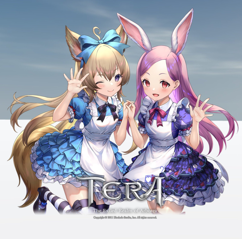 2girls ahoge alice_(alice_in_wonderland) alice_(alice_in_wonderland)_(cosplay) alice_in_wonderland animal_ear_fluff animal_ears apron arm_up artist_request black_footwear blue_dress blue_eyes bow brown_hair copyright_name cosplay dog_ears dog_girl dog_tail dress elin forehead frilled_dress frills hair_bow high_heels highres holding_hands interlocked_fingers leg_up long_hair mary_janes multiple_girls official_art one_eye_closed open_mouth playing_card_print purple_dress purple_hair rabbit_ears rabbit_girl ribbon shoes short_dress short_sleeves smile standing standing_on_one_leg striped striped_legwear tail tera_online thigh-highs violet_eyes waving white_apron