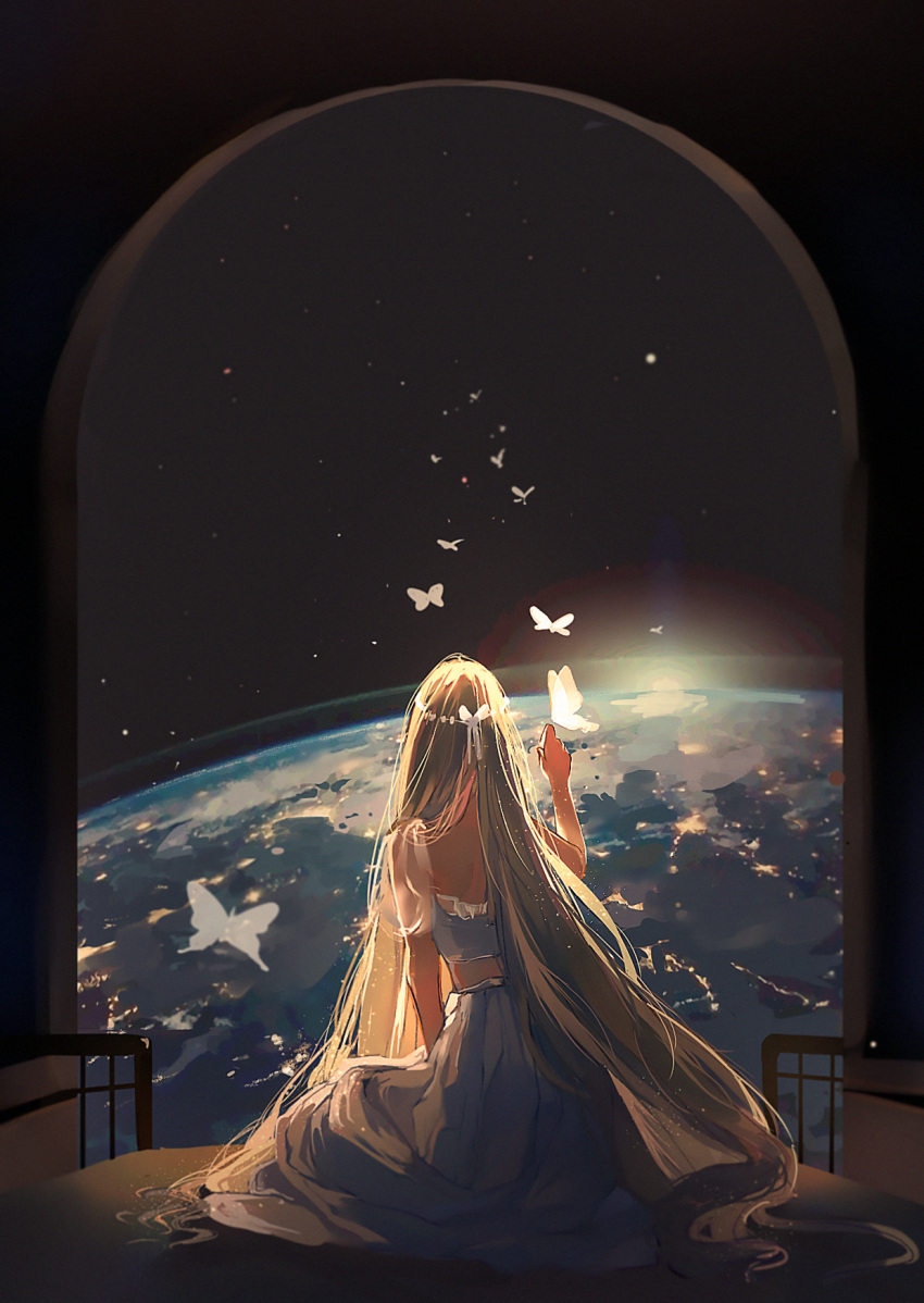 1girl arch arm_up back backlighting blonde_hair blue_skirt bug butterfly chinese_commentary commentary_request earth_(planet) facing_away frills from_behind hair_ornament highres long_hair original planet rokku scenery sitting skirt solo space star_(sky) sunlight very_long_hair