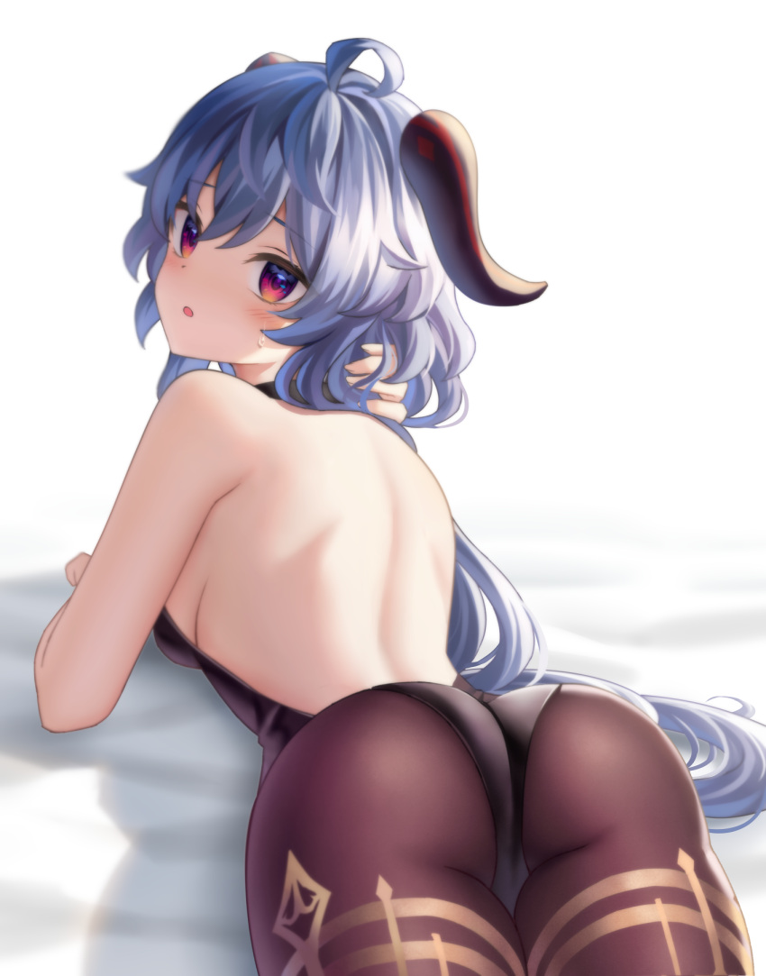 1girl :o ahoge ass back back_cutout bangs bare_arms bare_shoulders black_leotard blue_hair blush breasts clothing_cutout curled_horns eyebrows_visible_through_hair from_behind ganyu_(genshin_impact) genshin_impact goat_horns highres horns leotard looking_at_viewer looking_back lying neit_ni_sei on_stomach open_mouth pantyhose red_eyes sideboob solo sweatdrop thighlet