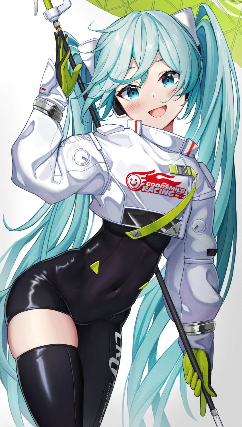 1girl :d absurdres aqua_hair bangs bib_(bibboss39) black_bodysuit black_legwear blush bodysuit clothes_writing covered_navel cowboy_shot crop_top eyebrows_visible_through_hair flag hatsune_miku headphones highres holding holding_flag leaning_forward long_hair looking_at_viewer open_mouth racing_miku_(2022) simple_background single_thighhigh smile solo thigh-highs twintails very_long_hair vocaloid white_background