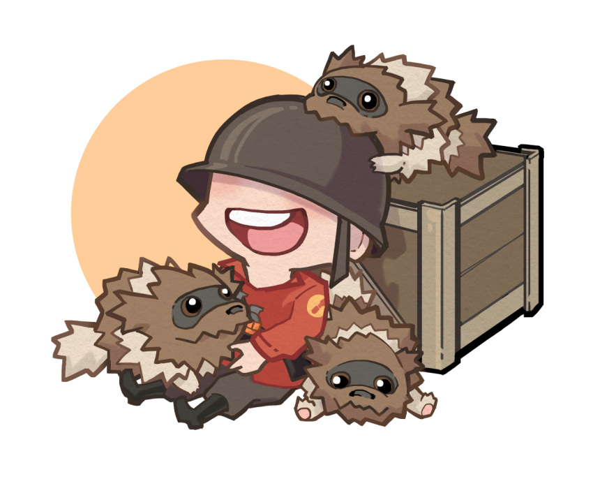1boy :d animal_on_head biting_hat boots chibi covered_eyes crate crossover helmet male_focus norue67 on_head pokemon pokemon_(creature) smile team_fortress_2 the_soldier zigzagoon