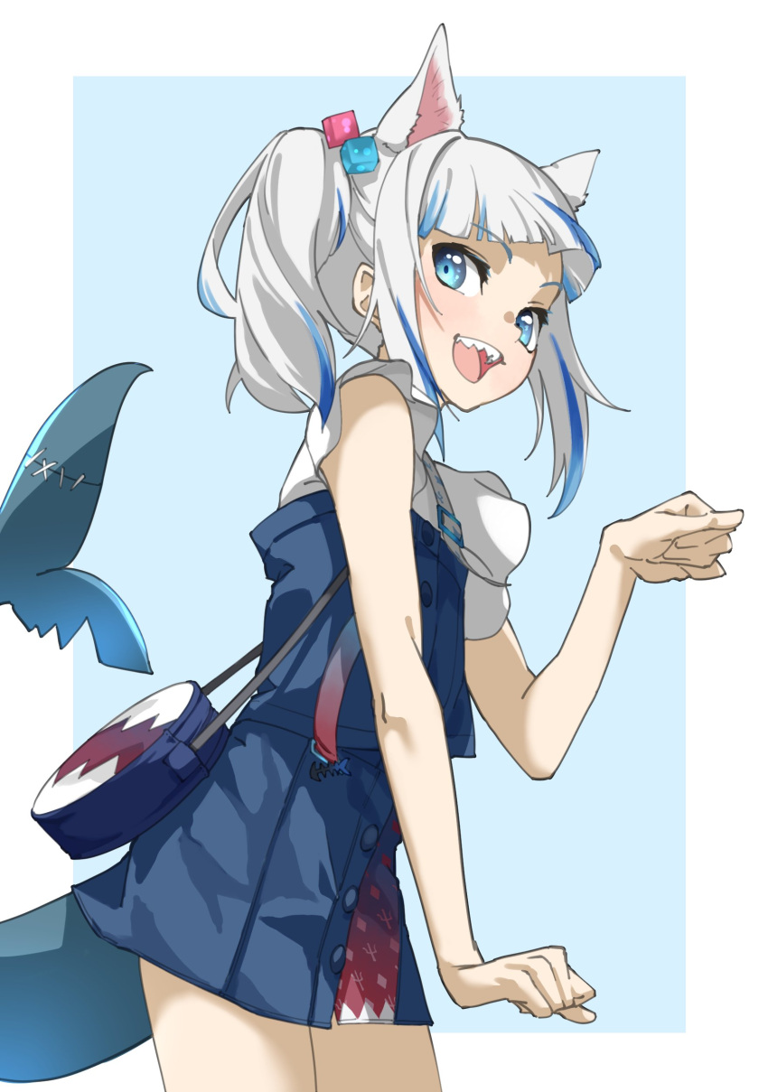 1girl :d absurdres animal_ears bag bare_arms blue_background blue_hair cat_ears commentary_request extra_ears fish_tail gawr_gura gradient gradient_background hair_cubes hair_ornament highres hololive hololive_english looking_at_viewer multicolored_hair official_alternate_costume open_mouth paw_pose shark_tail sharp_teeth simple_background smile solo streaked_hair tail tanabe_(fueisei) teeth twintails two-tone_hair virtual_youtuber white_hair