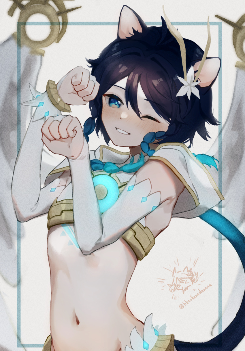 1boy absurdres animal_ears bangs bbtskazedaaaaa black_hair blue_eyes blue_hair braid bridal_gauntlets capelet cat_ears crop_top elbow_gloves feathered_wings flower genshin_impact gloves gold_trim hair_flower hair_ornament highres hood hooded_capelet male_focus one_eye_closed paw_pose short_hair_with_long_locks solo twin_braids venti_(genshin_impact) white_flower white_gloves white_legwear white_wings wings