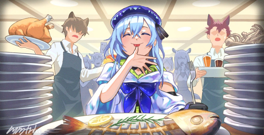 3girls 4boys animal_ears apron arknights beret black_apron blue_hair blue_headwear chicken_(food) closed_eyes cup drink drinking_glass faceless faceless_female faceless_male fish_bone food hat indoors licking licking_finger memetaroh mizuki_(arknights) multiple_boys multiple_girls open_mouth plate plate_stack short_hair signature smile tongue tongue_out