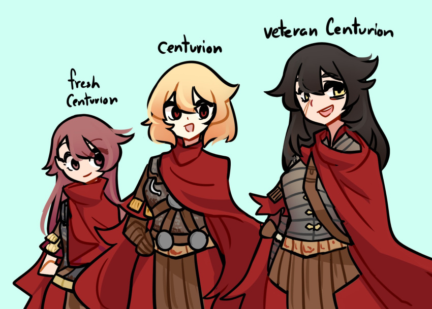 3girls blonde_hair centurii-chan_(artist) cloak gloves highres leather leather_gloves long_hair looking_at_viewer multiple_girls open_mouth original red_cloak scar scar_on_cheek scar_on_face short_hair short_sleeves simple_background smile tagme