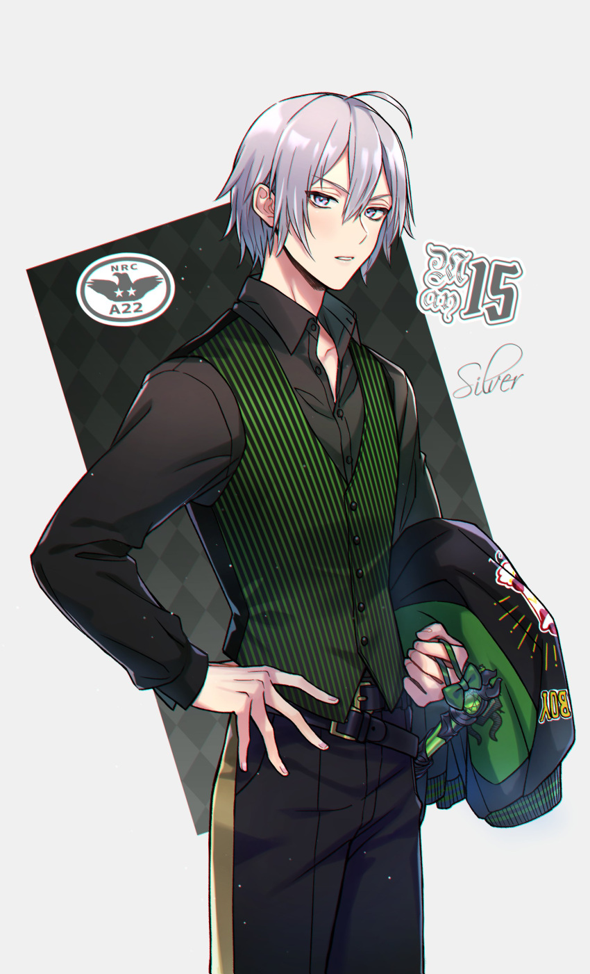1boy absurdres belt collared_shirt deretta formal grey_eyes grey_hair hand_on_hip highres long_sleeves looking_to_the_side pale_skin shirt silver_(twisted_wonderland) solo striped twisted_wonderland vest