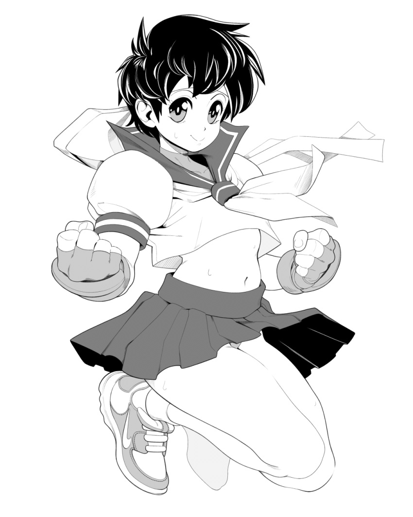 auphskey black_hair clenched_hands fingerless_gloves gloves headband highres jumping kasugano_sakura looking_at_viewer md5_mismatch midriff monochrome school_uniform serafuku shoes short_hair smile sneakers socks street_fighter street_fighter_zero_(series) sweat tomboy wind wind_lift