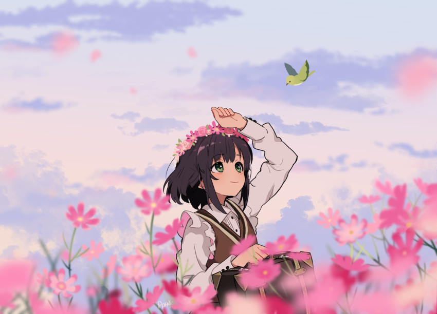 1girl aren_(fubuki-46) arm_up artist_name bird brown_dress brown_hair clouds dress flower green_eyes head_wreath highres holding long_sleeves medium_hair original outdoors petals pink_flower shirt smile solo suitcase upper_body white_shirt