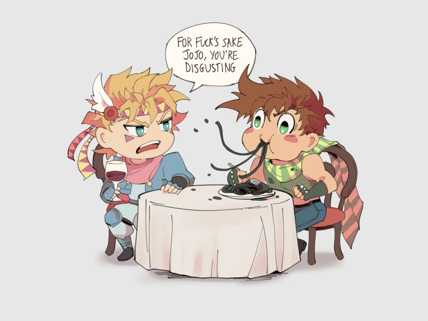 2boys alcohol battle_tendency blonde_hair blush_stickers brown_hair caesar_anthonio_zeppeli chair chibi crop_top cup drinking_glass eating facial_mark feather_hair_ornament feathers fingerless_gloves food gloves green_eyes hair_ornament headband highres jojo_no_kimyou_na_bouken joseph_joestar joseph_joestar_(young) male_focus midriff multiple_boys norue pasta pink_scarf puffy_cheeks round_table scarf sitting slurping spaghetti striped striped_scarf table tablecloth triangle_print wine wine_glass
