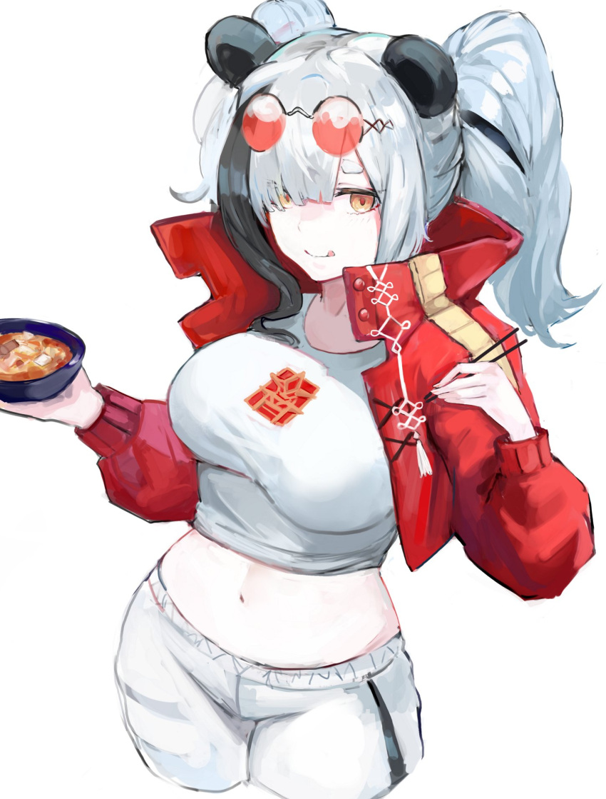 1girl :q animal_ears arknights bowl breasts closed_mouth crop_top cropped_jacket cropped_legs eyewear_on_head feater_(arknights) feater_(gourmet)_(arknights) gnai hand_up highres holding jacket large_breasts long_hair looking_at_viewer midriff multicolored_hair navel open_clothes open_jacket orange_eyes panda_ears pants red_jacket round_eyewear shirt smile solo stomach sunglasses tongue tongue_out twintails two-tone_hair white_hair white_pants white_shirt
