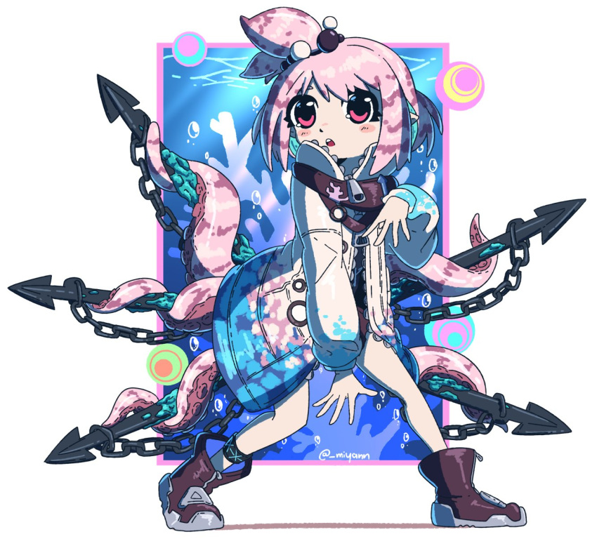 arknights bangs black_footwear black_scarf blue_hair blush boots border colored_inner_hair harpoon highres jacket kirara_(arknights) miyan_(oceanmaiden) multicolored_hair open_hands open_mouth pink_eyes pink_hair scarf short_hair tentacles tied_hair underwater white_border white_jacket