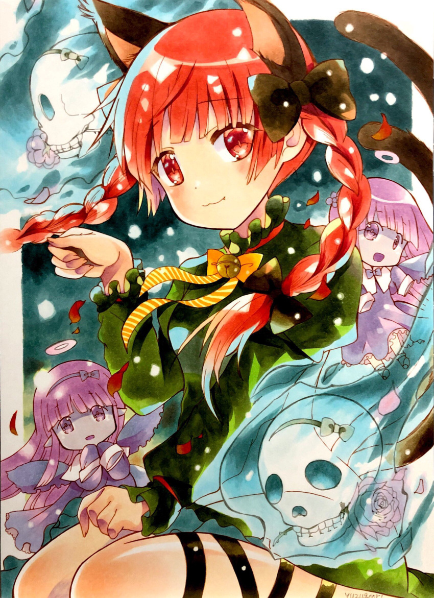 3girls :3 animal_ears artist_name bell black_bow blue_fire bow bowtie braid cat_ears cat_tail dress extra_ears fairy_wings fang fire flaming_skull floating_skull flower flower_in_mouth ghost green_dress highres hitodama kaenbyou_rin leg_ribbon long_hair marker_(medium) multiple_girls multiple_tails neck_bell paw_pose puffy_sleeves purple_dress purple_hair red_eyes redhead ribbon seiza sitting skull slit_pupils smile sparkle_background tail touhou traditional_media twin_braids two_tails wings yellow_bow yuzugoori zombie_fairy_(touhou)