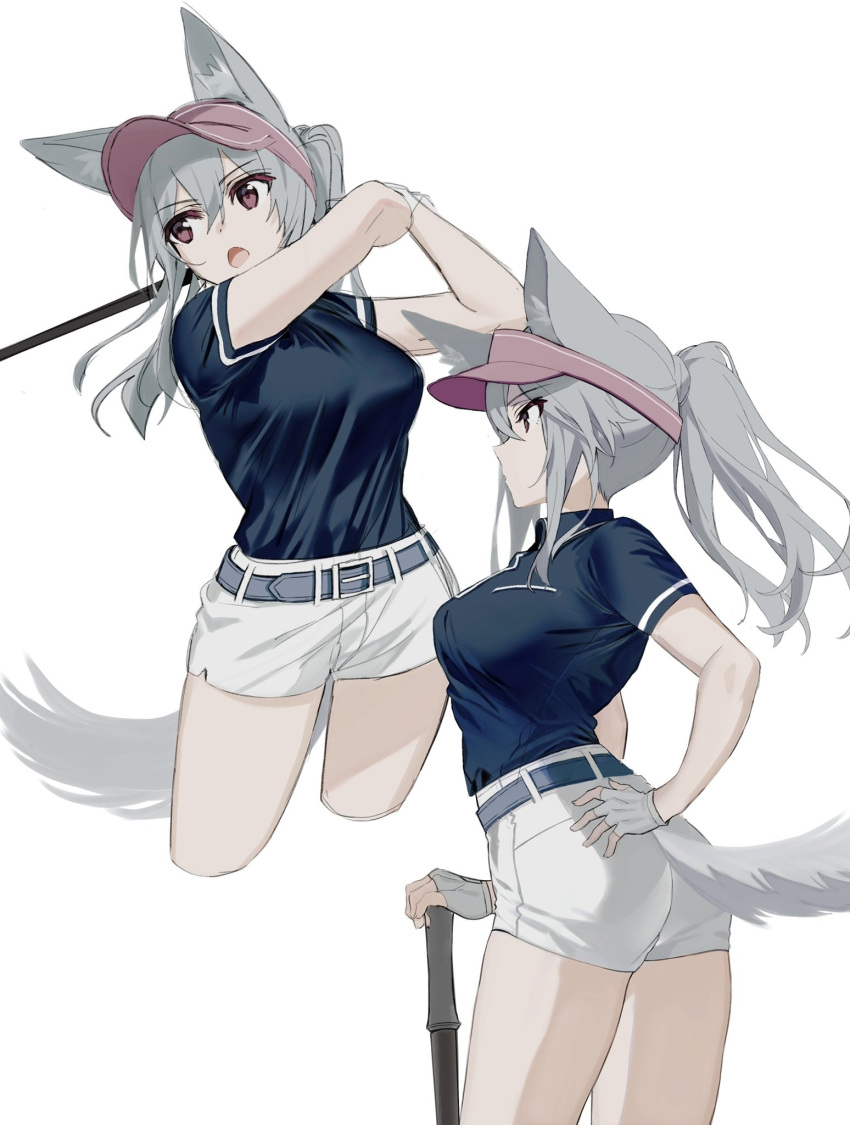 1girl :o animal_ears ass belt black_shirt breasts brown_eyes cropped_legs fingerless_gloves gloves grey_hair hand_on_hip highres holding kawachi_rin large_breasts long_hair looking_away multiple_views open_mouth original ponytail shirt shirt_tucked_in short_shorts short_sleeves shorts simple_background tail thighs visor_cap white_background white_gloves white_shorts wolf_ears wolf_girl wolf_tail