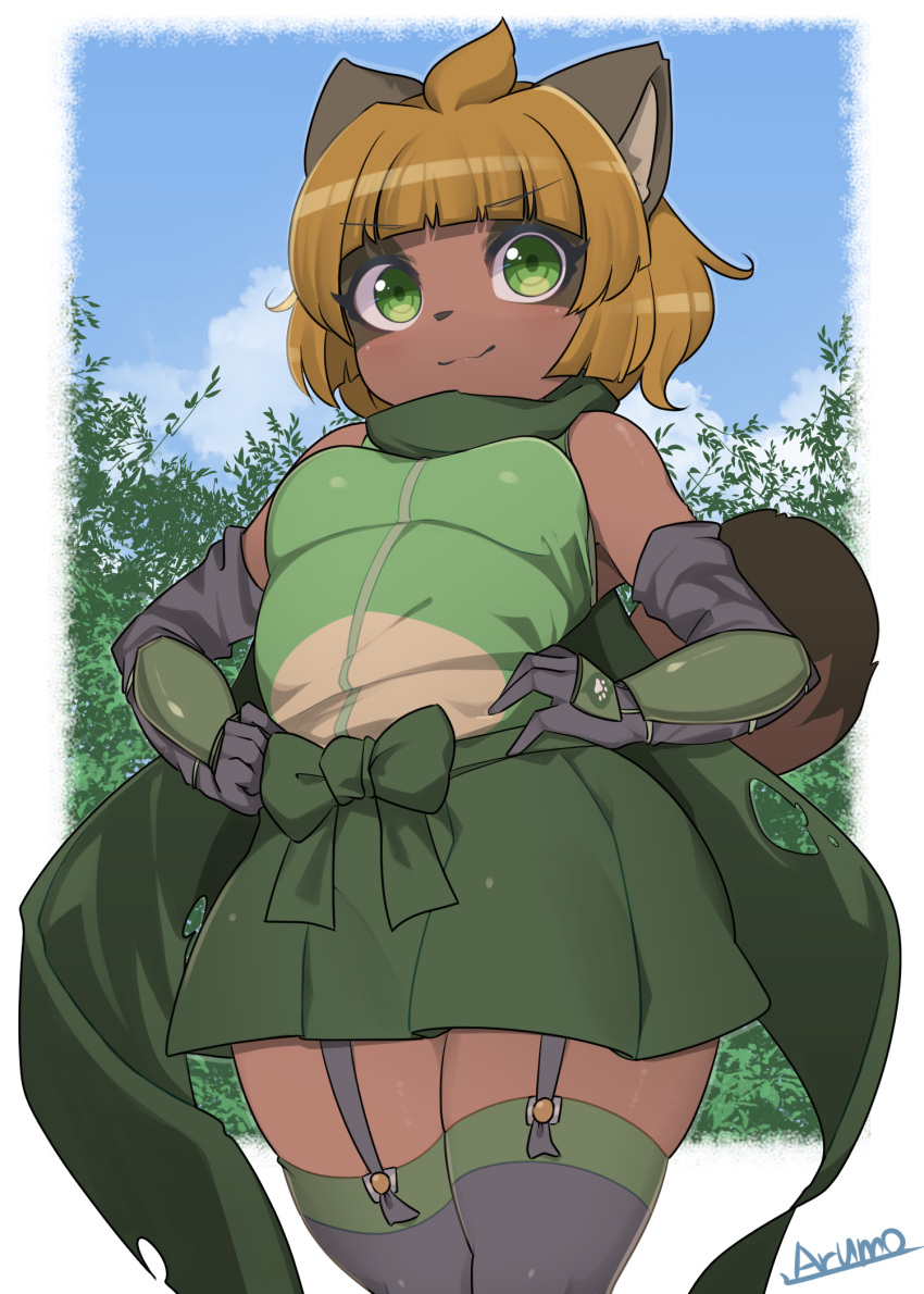 1girl animal_ears bangs black_gloves black_legwear blunt_bangs blush breasts brown_hair closed_mouth elbow_gloves eyebrows_visible_through_hair furry furry_female garter_straps gloves green_eyes green_skirt hands_on_hips highres looking_at_viewer medium_breasts original raccoon_ears raccoon_girl raccoon_tail ryuusui_arumo short_hair skirt smile solo tail thigh-highs