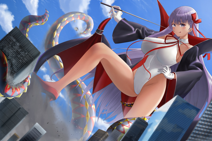 1girl bb_(fate) bb_(swimsuit_mooncancer)_(fate) black_coat blue_sky breasts building cityscape clouds coat commentary_request day dutch_angle fate/grand_order fate_(series) giant giantess gloves hand_on_hip high_heels highleg highleg_leotard highres large_breasts leotard looking_at_viewer neck_ribbon outdoors pointer popped_collar purple_hair red_footwear red_ribbon ribbon sky solo tan tentacles tomoshibi_(fuuzen_no_tomoshibi) tongue tongue_out violet_eyes white_gloves white_leotard
