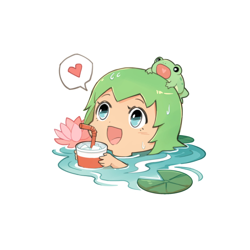 1girl :d blue_eyes chibi cup drinking_straw flower foo_fighters frog frog_on_head green_hair heart highres jojo_no_kimyou_na_bouken lily_(flower) lily_pad lotus norue open_mouth partially_submerged smile spoken_heart stone_ocean wet wet_hair