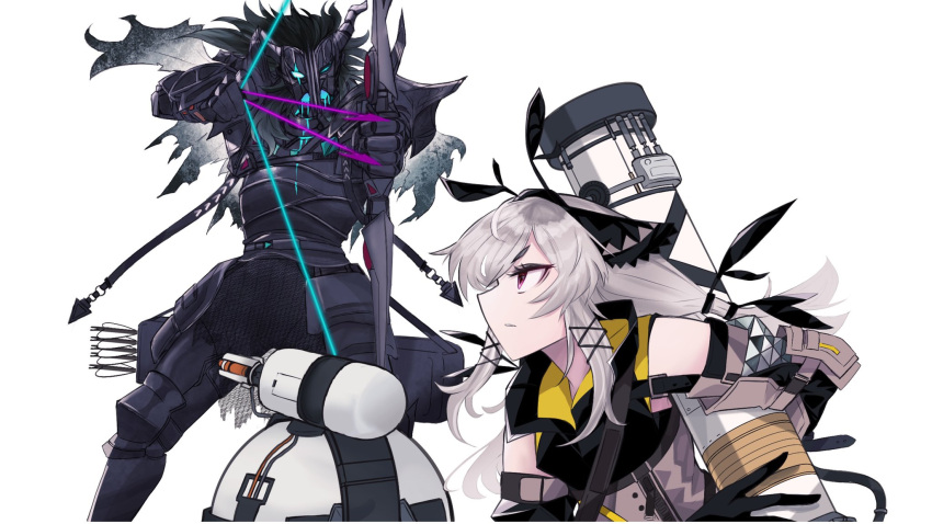 1boy 1girl applepiesuko arknights arrow_(projectile) bangs black_hair blue_eyes bow demon_boy demon_horns detached_sleeves hairband highres horns long_hair low-tied_long_hair mask red_eyes silver_hair sleeveless weapon weedy_(arknights) white_background withered_knight_(arknights)