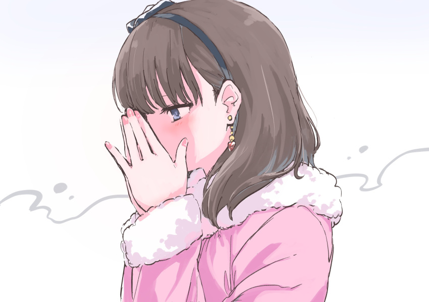 1girl bob_cut brown_hair covered_mouth earrings fur-trimmed_jacket fur-trimmed_sleeves fur_trim hairband highres idolmaster idolmaster_cinderella_girls jacket jewelry looking_afar nail_polish own_hands_together pink_jacket pure_556 sakuma_mayu simple_background solo upper_body