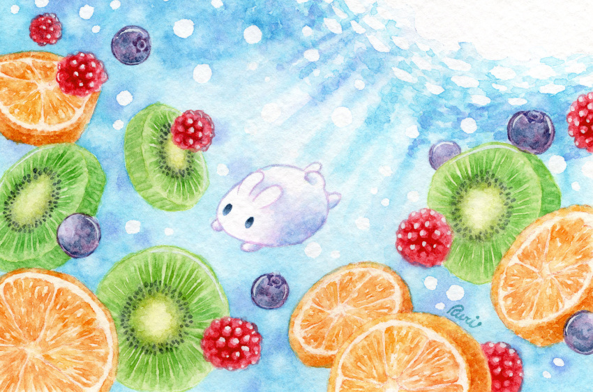 animal animal_focus blue_eyes blueberry commentary_request diving food food_focus fruit highres kiwi_(fruit) no_humans orange_(fruit) orange_slice original painting_(medium) rabbit raspberry signature sinsousui traditional_media underwater watercolor_(medium)