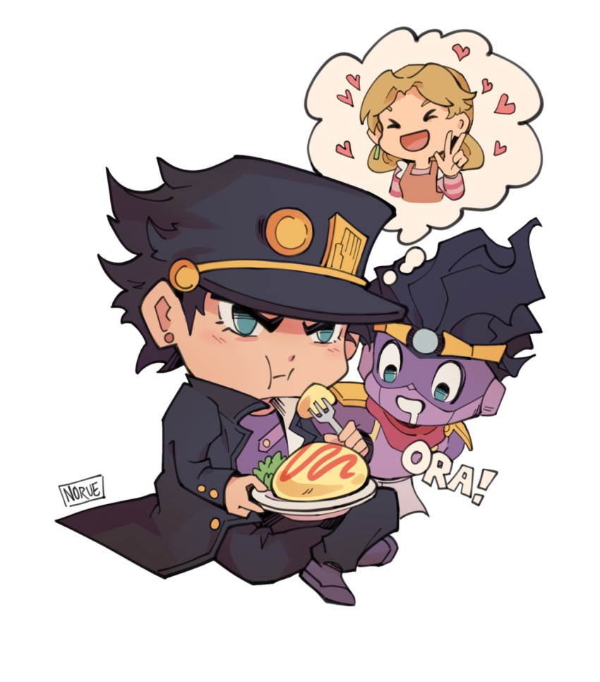 1girl 2boys :t black_hair blue_eyes chibi colored_skin drooling eating food gakuran hat heart highres indian_style jojo_no_kimyou_na_bouken kujo_holy kujo_jotaro long_coat mother_and_son multiple_boys norue not_present omurice purple_skin school_uniform sitting stand_(jojo) star_platinum stardust_crusaders tsundere