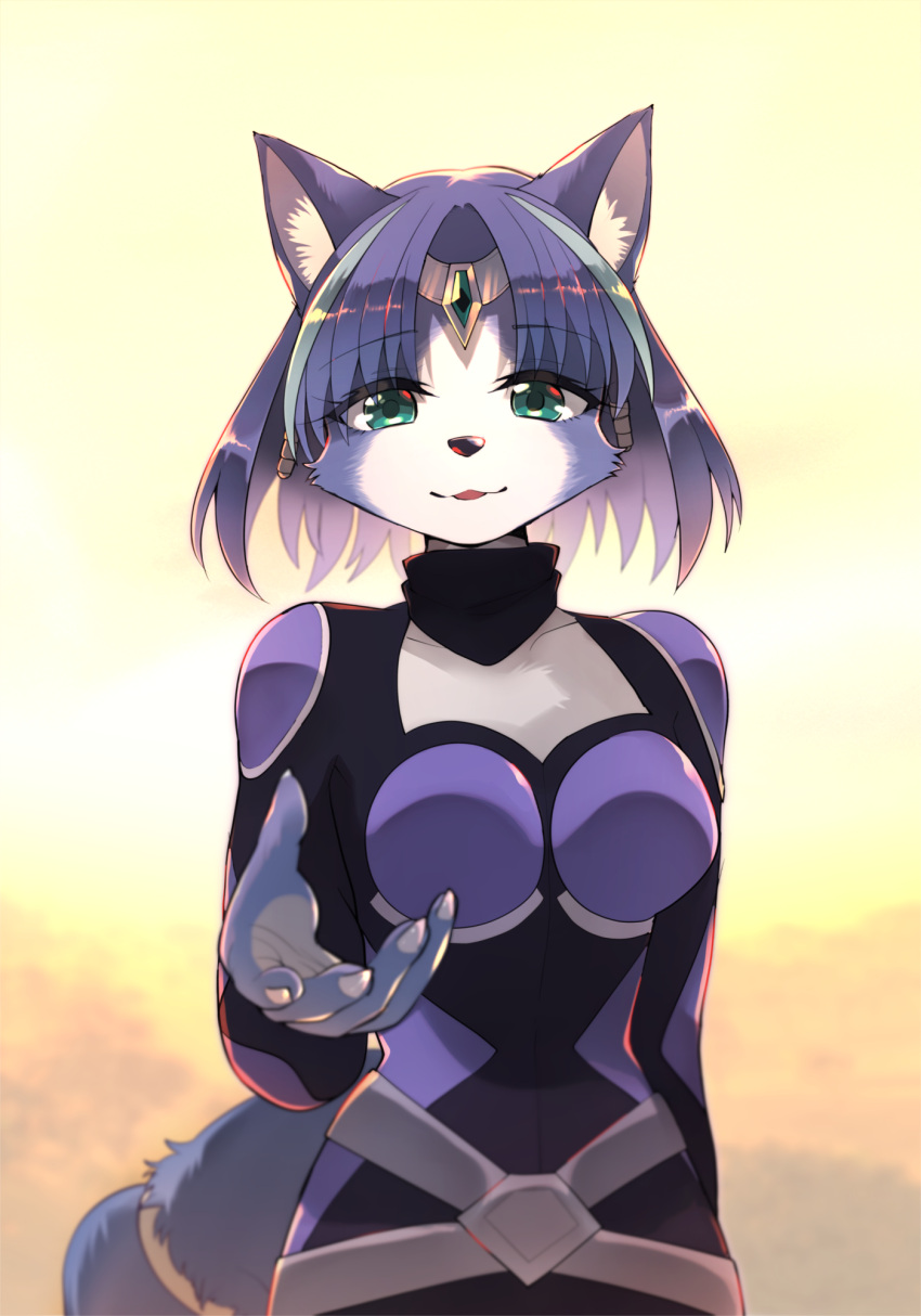 :3 animal_ears animal_nose aqua_hair bangs belt blue_bodysuit blue_fur blue_hair blurry body_fur bodysuit breasts circlet collarbone commentary crystal depth_of_field english_commentary eyebrows_visible_through_hair fingernails fox_ears fox_girl fox_tail gradient gradient_background green_eyes hair_tubes hand_up happy highres krystal looking_at_viewer medium_breasts multicolored_hair namagaki_yukina open_mouth outdoors reaching_out shiny shiny_hair smile standing star_fox star_fox_assault streaked_hair sunset tail two-tone_fur two-tone_hair upper_body white_fur yellow_background