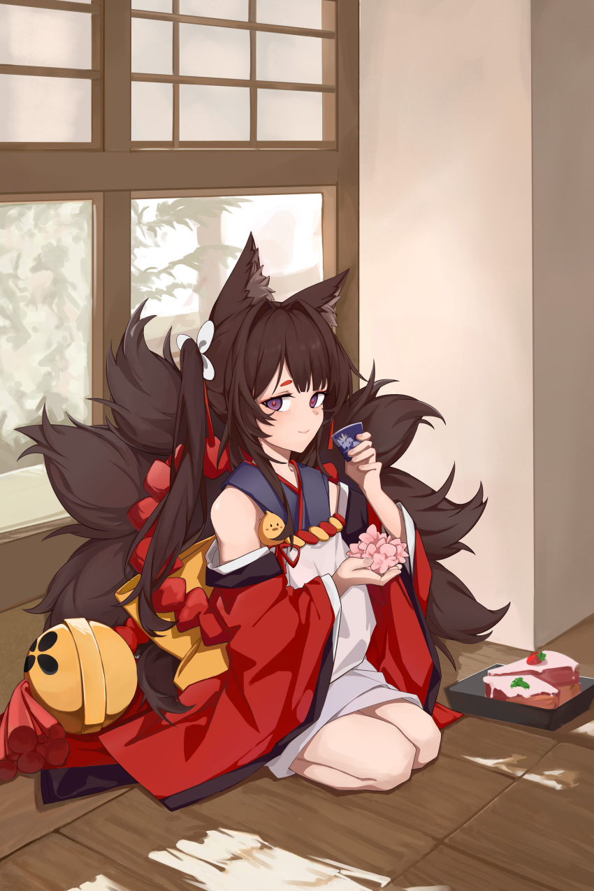 1girl absurdres amagi-chan_(azur_lane) animal_ear_fluff azur_lane brown_hair brown_tail cake cake_slice coat flower food highres indoors long_hair looking_at_viewer multiple_tails pink_flower red_coat seiza sitting solo tail violet_eyes wooden_floor xiangxinliao