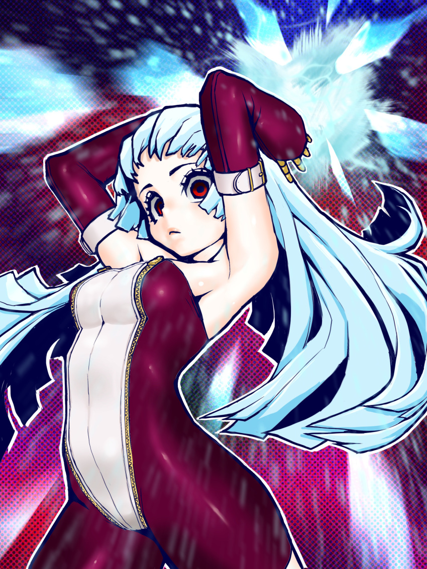 1girl absurdres bangs belt blue_hair bodysuit breasts cowboy_shot detached_sleeves dithered_background eyebrows gloves highres ice jch2908 kula_diamond long_hair looking_at_viewer medium_breasts the_king_of_fighters violet_eyes zipper