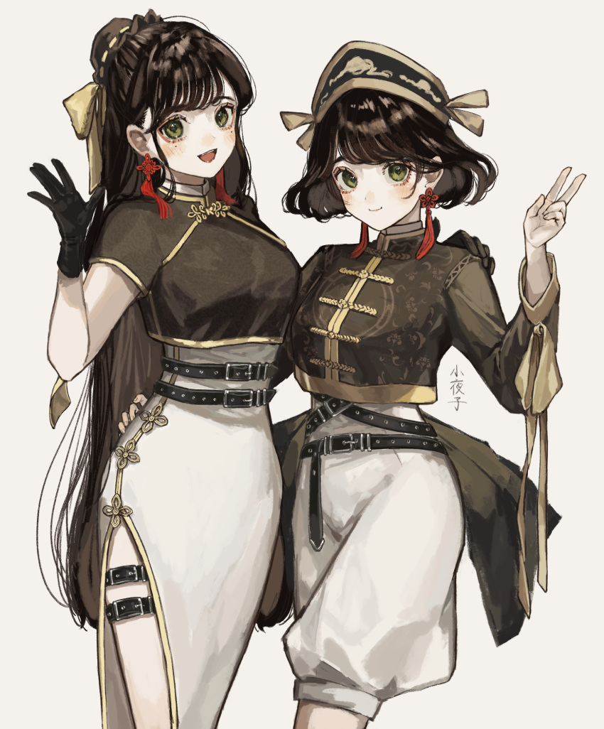 2girls artist_name bangs belt belt_buckle black_gloves black_hair black_headwear blush bow breasts brown_bow brown_ribbon buckle bun_cover chinese_clothes closed_mouth commentary_request cropped_jacket dress earrings gloves green_eyes grey_background hair_bow hair_bun hair_ornament hand_on_another's_hip hand_up hat highres jewelry long_hair long_sleeves looking_at_viewer medium_breasts multiple_girls open_mouth original ribbon sayosny2 short_hair short_sleeves shorts side_slit simple_background small_breasts smile swept_bangs thigh_strap v very_long_hair white_dress