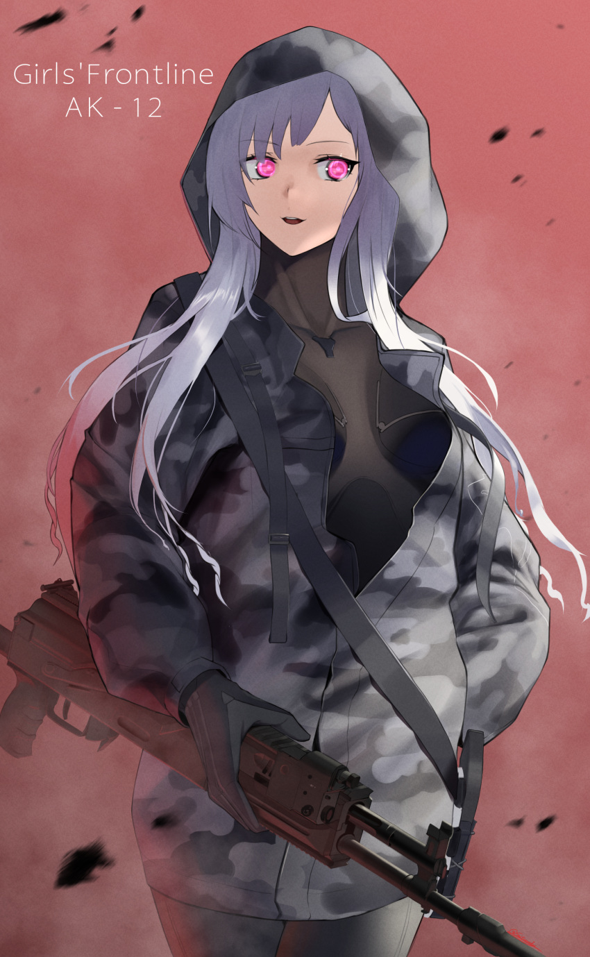 1girl ak-12 ak-12_(faint_light_of_furthest_day)_(girls'_frontline) ak-12_(girls'_frontline) bangs black_bodysuit black_gloves bodysuit breasts camouflage camouflage_jacket character_name copyright_name eyebrows_visible_through_hair feet_out_of_frame girls_frontline gloves gun hand_in_pocket highres holding holding_gun holding_weapon hood hooded_jacket jacket kalashnikov_rifle long_hair looking_at_viewer official_alternate_costume open_mouth saturndxy silver_hair simple_background solo standing violet_eyes weapon