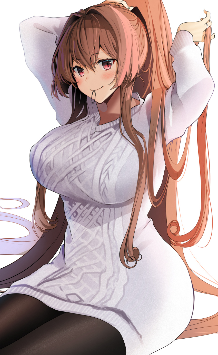 1girl adjusting_hair black_legwear blush breasts brown_eyes brown_hair closed_mouth eyebrows_visible_through_hair hair_between_eyes highres kantai_collection large_breasts long_hair long_sleeves mouth_hold pantyhose ponytail simple_background smile solo sweater very_long_hair white_background white_sweater yamato_(kancolle) yunamaro