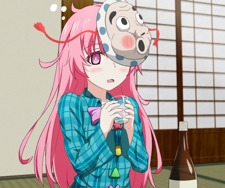 1girl alcohol bangs blue_shirt blush bottle bow bowtie breasts buttons circle collared_shirt commentary_request cross door drunk eyebrows_visible_through_hair floor glass hands_up hata_no_kokoro highres indoors kbal98 long_hair long_sleeves looking_to_the_side mask medium_breasts open_mouth pink_eyes pink_hair plaid plaid_shirt purple_bow purple_bowtie sake shirt solo star_(symbol) touhou triangle wall